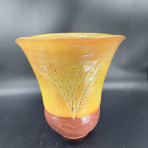 Vintage Oval Hand Made Studio Pottery Vase Etched RedWare Pottery Vessel Vase - Picture 13 of 16